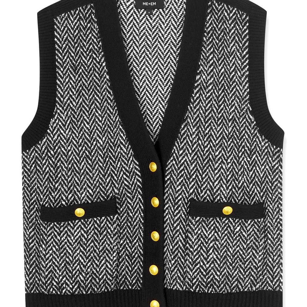 Monochrome Chevron Knitted V Neck Vest
Merino Wool + Cotton Jacquard